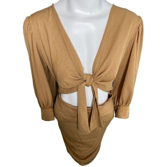 Asos Design Front Tie Cutout Ruched 3/4 Sleeve Mini Dress sz 14 - Picture 4 of 12